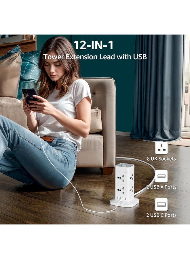 TYCOM Power Cord Strip Surge Protector with USB  2 Type C Extension Cord Flat Plug with 8 AC Outlet and 2 USB 2 Type C Small Desktop Station Compact Socket 2 Tiers Grey and White. - Image 4